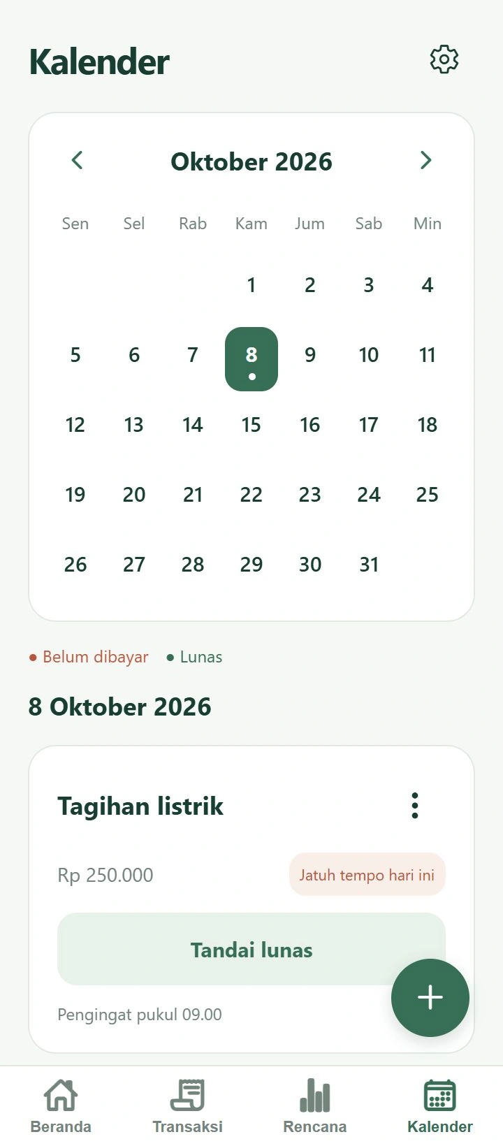 Pratinjau Kalender Moneta 1.6.1 dengan jadwal pembayaran dan pengingat