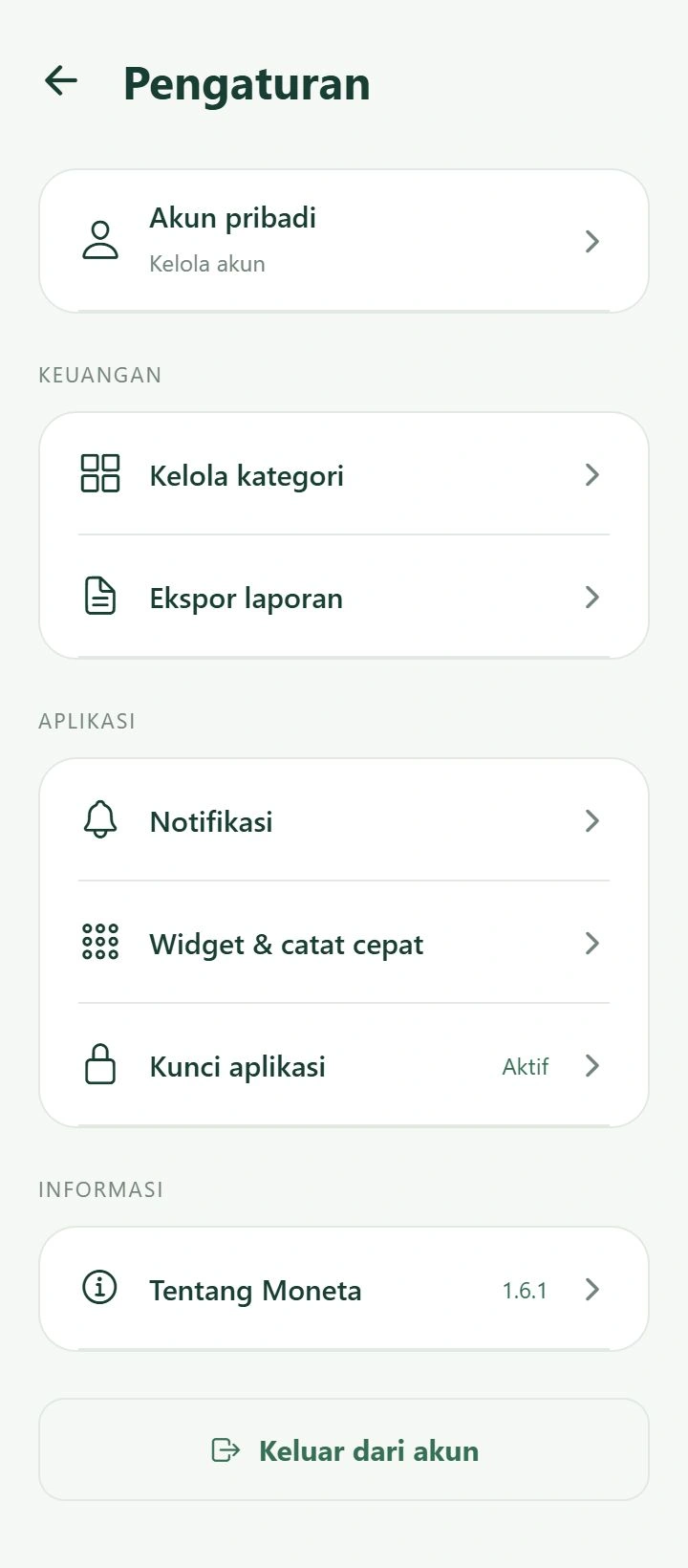 Pratinjau Pengaturan Moneta 1.6.1 dengan menu yang dikelompokkan