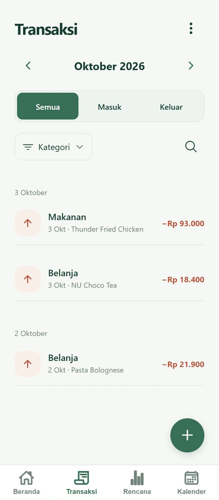 Pratinjau Transaksi Moneta 1.6.1 dengan filter dan daftar per tanggal